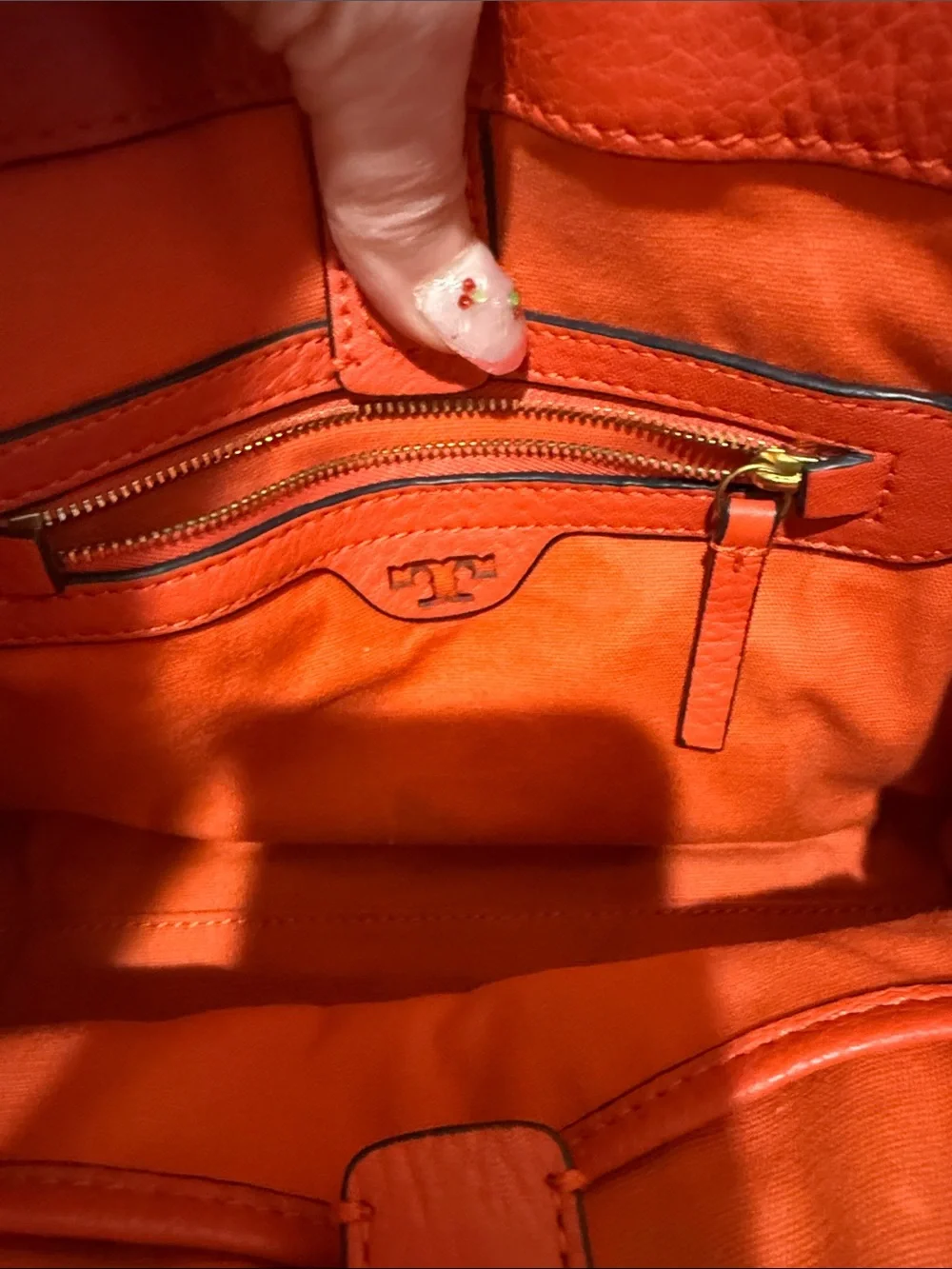 Tory Burch Orange Leather Top-Handle Satchel w/ Gold Hardware & crossbody strap.